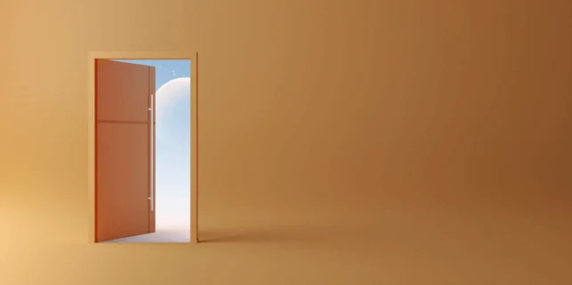 A beige background surrounds a singular brown door, opening into a sky - signifying entry into the cloud. 
