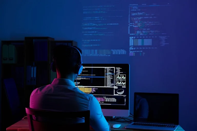A software developer staring at a written code on a computer screen with his headset 