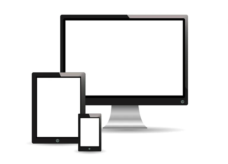 The image contains three different animated digital devices (a mobile, a tablet and a computer monitor).