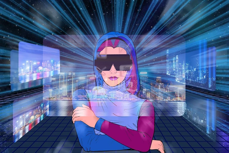 A futuristic illustration of a woman in the metaverse.