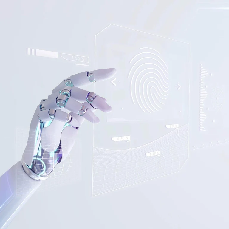 An AI robot hand analyzing data on a wide screen.