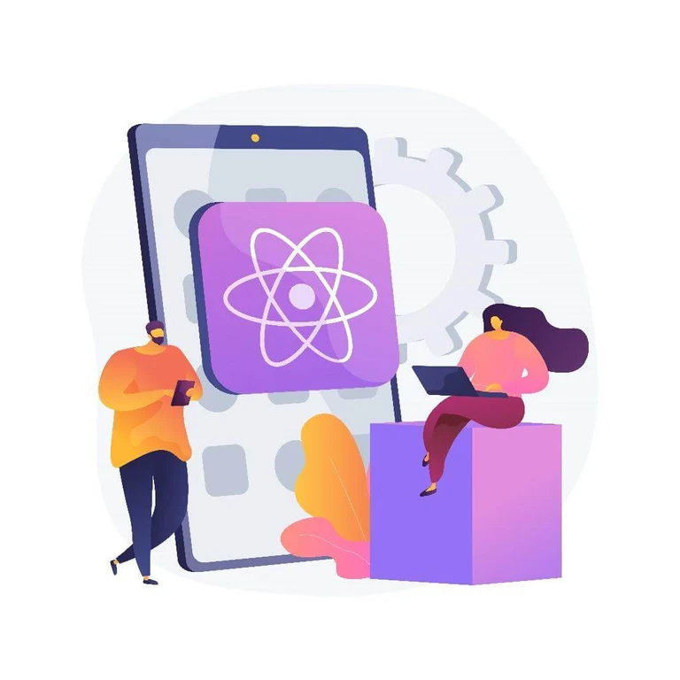 A man holding a phone is standing besides a huge tablet with the React Native logo in the middle and a women is sitting on block working on her laptop.