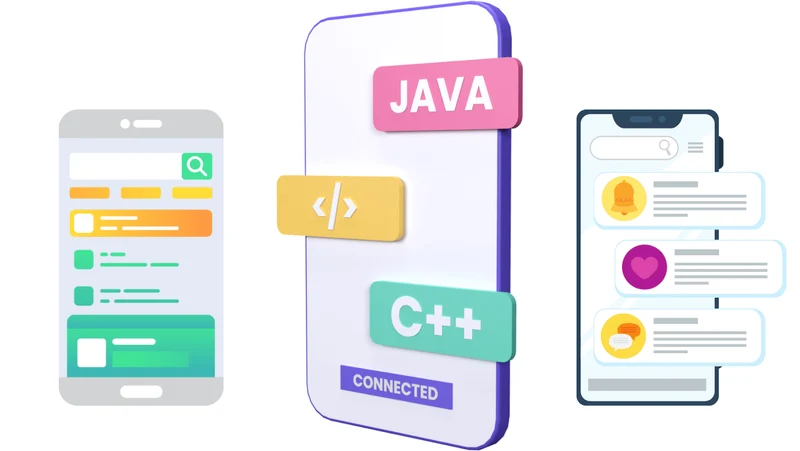 3 mobile user-interface wireframe designs are side by side, illustrating various mobile dev technologies used to build a usable mobile application like Java, C++, etc.