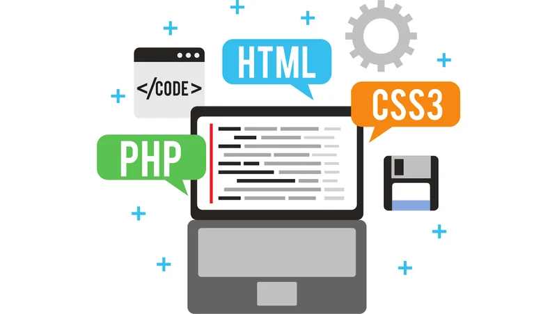 A laptop illustration of various technologies like PHP, HTML, CSS, etc that one has to explore to choose the right one for their business