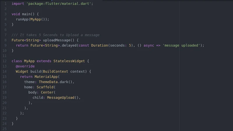 A snippet of simple Dart code showing a basic Flutter app with a Future function