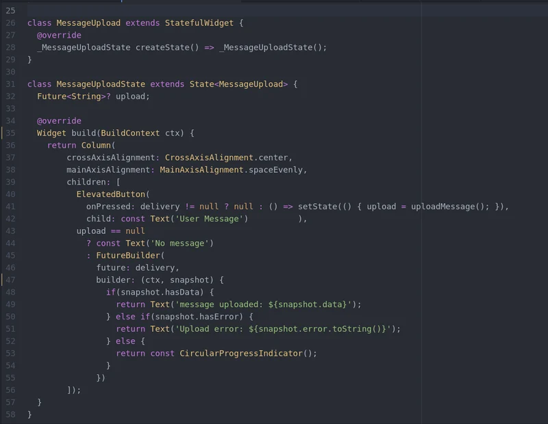 Second part of Flutter code showing a simple class using a FutureBuilder to branch output on the results of the app's Future