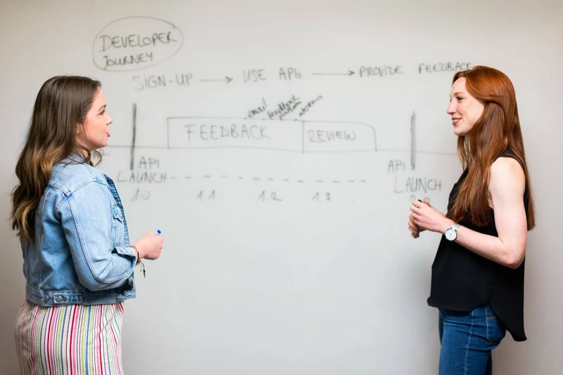 Two White femme Java developers working on making Java easy to learn, discussing software development at a marker board