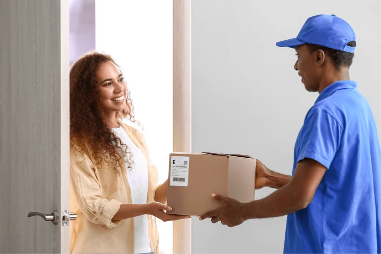 The delivery boy is delivering the product to a customer who ordered from Retail tech companies.
