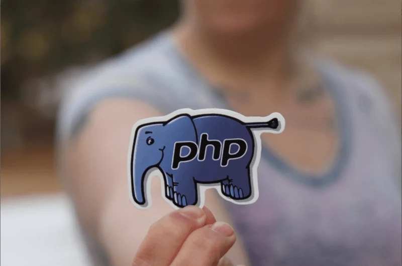  Image of blurred developer holding out PHP logo