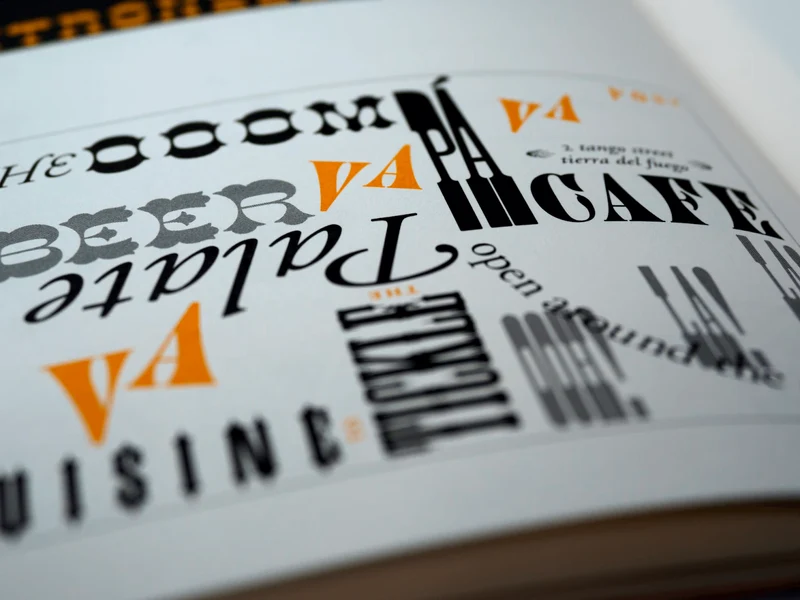 A photograph of a book displaying various fonts in black, gray, and orange.